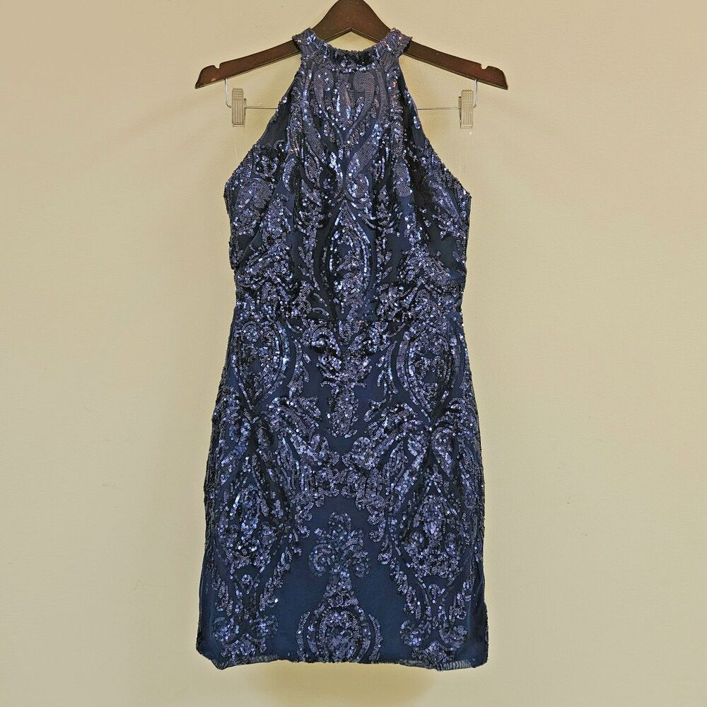 Miss Ord Blue Sequin Halter Style Bodycon Mini Party Dress Sz M Sequins Beads